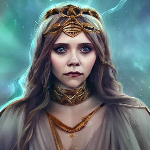 Image similar to Elisabeth Olsen as a Greek goddess, attractive, fantasy, beautiful, magical energy, artstation