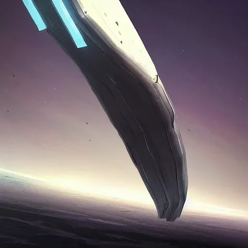 Image similar to concept art of a large space vessel in the shape of an spear flying through the space, scifi, beautiful ilumination, artstation hq