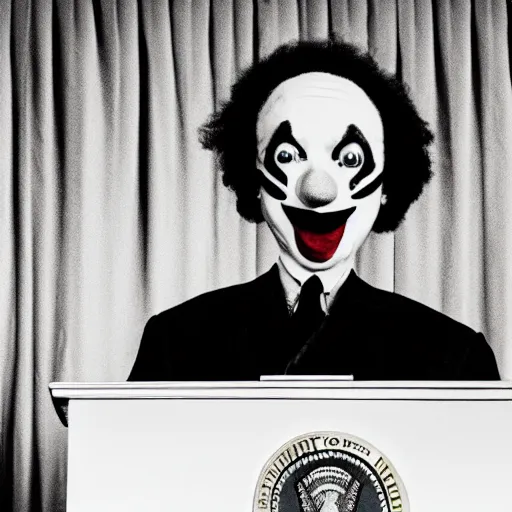 Image similar to string puppet of a president with clown makeup in a podium and a human shadow behind