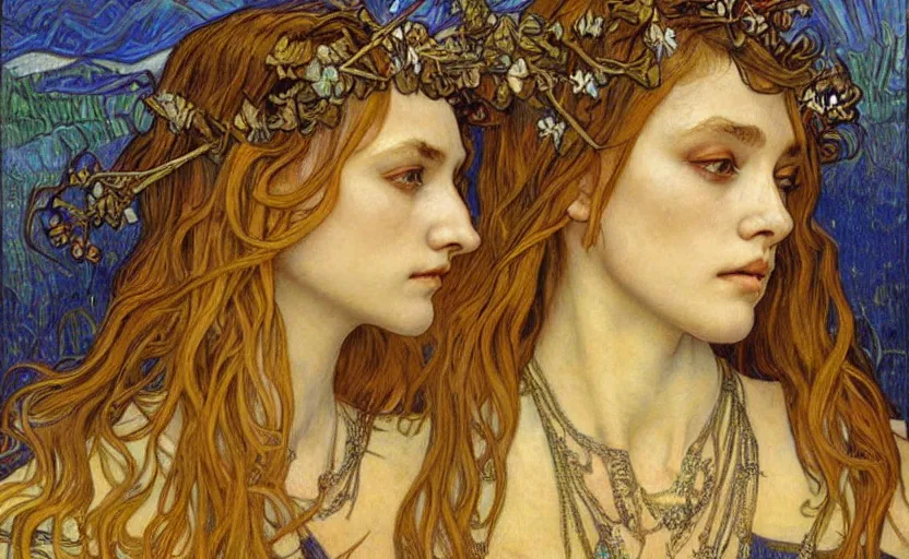 Image similar to detailed realistic beautiful young medieval queen face portrait by jean delville, alphonse mucha, vincent van gogh, and marco mazzoni, art nouveau, symbolist, visionary, gothic, pre - raphaelite