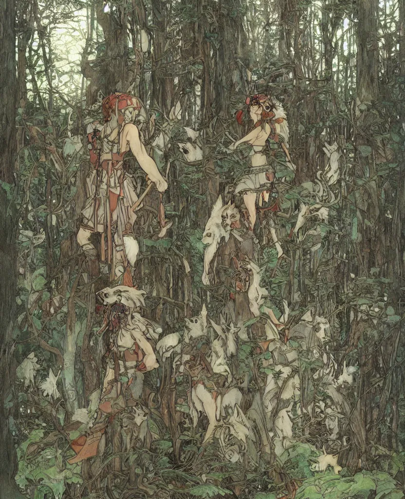 Image similar to Princess Mononoke, single figure, wolves, fully clothed in armor, lush fairy forest, neon, concept art, schematics, studio ghibli, gnarly trees, painted by norman rockwell, mucha, james gurney, high detail, denoised, sharp, architectural