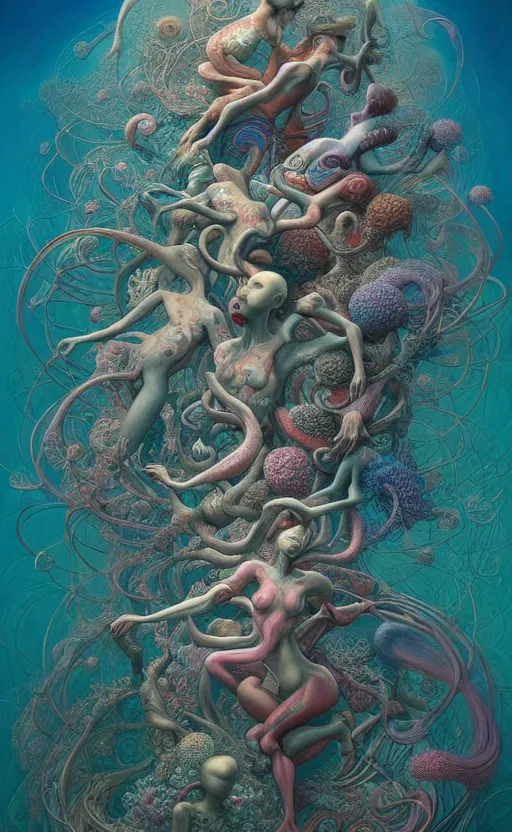 Image similar to a whirlwind of human bodies rushing inside the metaverse, gorgeous, great barrier reef, intricate, in the style of james jean, brian froud, zdzisław beksinski, hyperdetailed, sharp focus, intricate concept art, digital painting, ambient lighting, 1 6 k, trending on artstationhq, hyper quality,