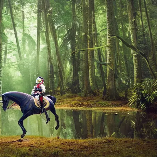 Image similar to a photo of an astronaut riding a horse in the forest. there is a river in front of them with water lilies