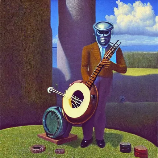 Prompt: retrofuturism robot, playing a deering banjo, sitting on a stump, high detail, hyper realistic, painting by rene magritte, style of salvador dali, trending on artstation, retrofuturism, style of michael cheval, 8 k