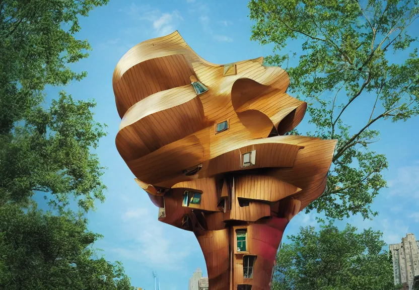 Prompt: a high resolution rendering of a mid century modern treehouse floating above new york city designed by frank gehry