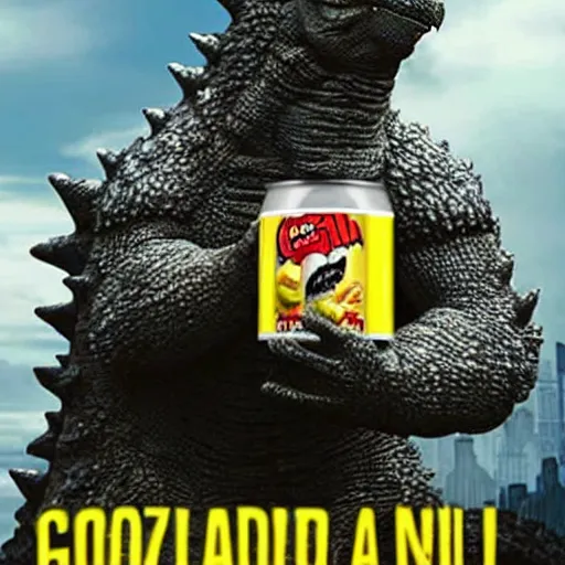 Prompt: godzilla with his hand stuck in a can of pringles