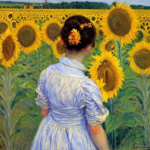 Prompt: a girl in amazing tall sunflower field, her hair flowing down, subtle, intricate details, real masterpiece, impressionist painting, by gustave caillebotte