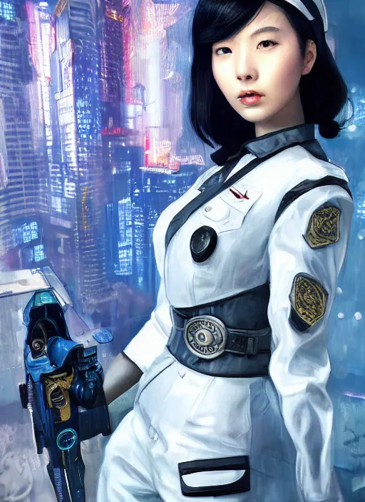 Prompt: portrait of angelababy, futuristic hong kong police uniform girl bioshock, au naturel, hyper detailed, digital art, trending in artstation, cinematic lighting, studio quality, smooth render, unreal engine 5 rendered, octane rendered, art style by klimt and nixeu and ian sprigger and wlop and krenz cushart