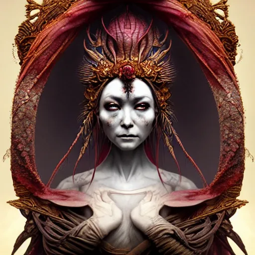 Image similar to a beautiful detailed 3d matte painting of female empress of the dead, by ellen jewett, tomasz alen kopera and Justin Gerard, symmetrical features, ominous, magical realism, texture, intricate, ornate, royally decorated, skull, skeleton, whirling smoke, embers, red adornements, red torn fabric, radiant colors, fantasy, trending on artstation, volumetric lighting, micro details, 3d sculpture, ray tracing, 8k