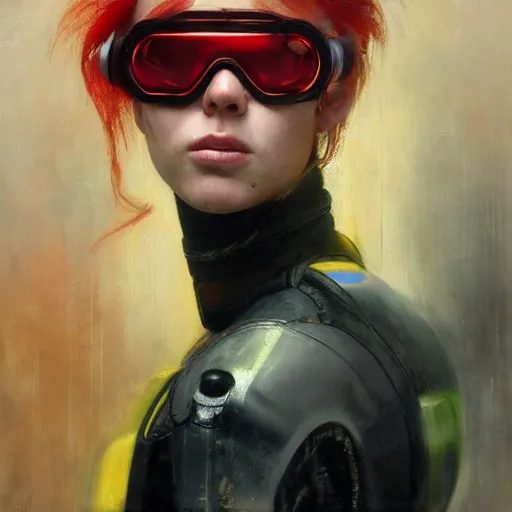 Image similar to red haired female, cyberpunk, wearing futuristic goggle, cyborg ; photorealistic, hyper real, 8 k, high details, detailed painting, epic lighting, by ilya repin, phil hale and kent williams