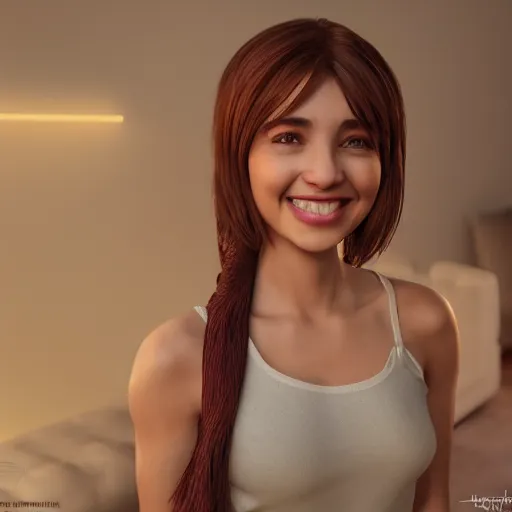 Prompt: Render of Mirabel Madrigal from Encanto, a cute 3D young woman, smiling softly, wearing casual clothing, interior lighting, cozy living room background, medium shot, mid-shot, hyperdetailed, trending on Artstation, Unreal Engine 4k