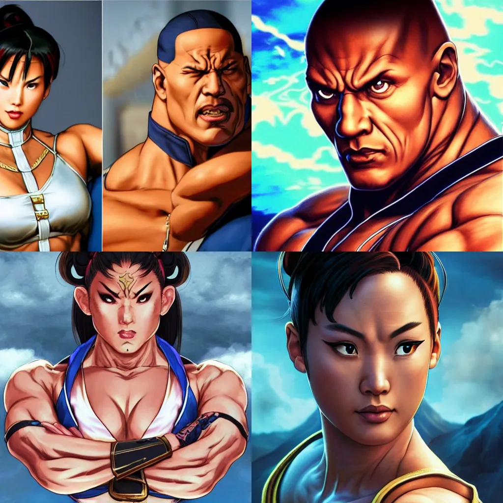 Prompt: street fighter chun li with dwayne johnson's face reminiscent of dwayne johnson, face as of dwayne johnson, looks like dwayne johnson, female outfit, intricate, epic lighting, cinematic composition, hyper realistic, 8k resolution, unreal engine 5, by Artgerm, tooth wu, dan mumford, beeple, wlop, rossdraws, James Jean, Andrei Riabovitchev, Marc Simonetti, yoshitaka Amano, Artstation