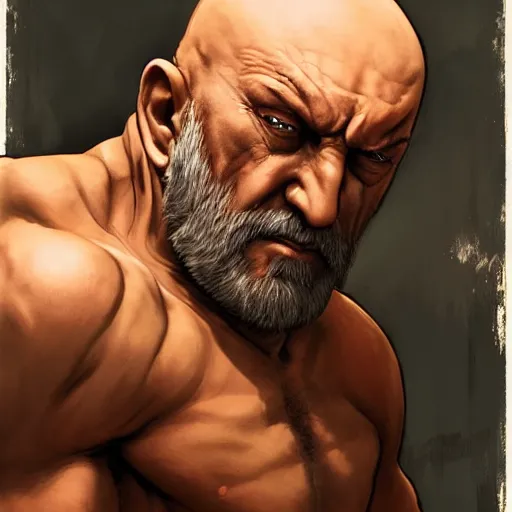 Image similar to mike ehrmantraut as sagat street fighter, portrait, 4 k, ultra realistic, detailed focused art by artgerm and greg rutkowski and alphonse mucha