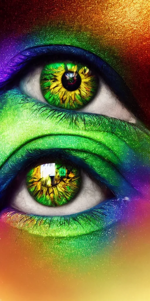 Image similar to hyper realistic photo of beautiful green eye reflecting a sky full of a billion rainbow stars, hyper realistic, fractal art, art station, coherent design, symmetrical, vivid colour, complementary colour, golden ratio, detailed, sharp lines, intricate, rainbow shift, in unreal 3 d engine, ray tracing, octane render