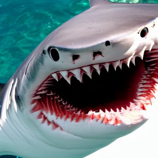Prompt: a shark smiling at the camera, a photograph I took from above the boat
