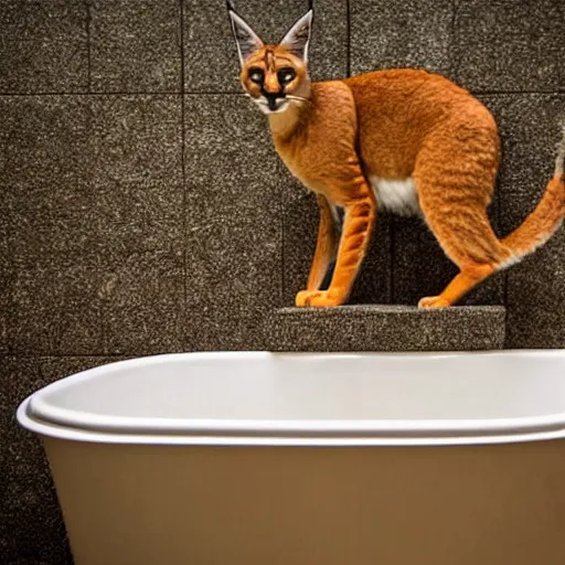 Image similar to Caracal sitting in a bathtub, Instagram photo