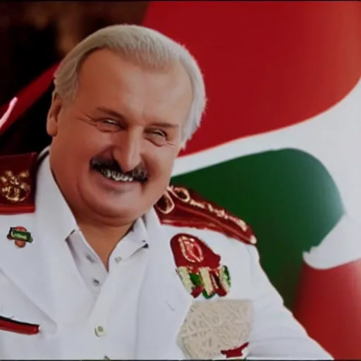 Image similar to Lukashenko happily hugging a white-red-white flag, film still, high detail