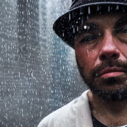 Prompt: closeup portrait of a man fishing in a rainy new york street, photography, natural light, world press photo