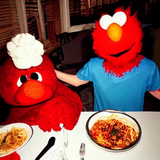Prompt: Eminem having a romantic spaghetti dinner with Elmo