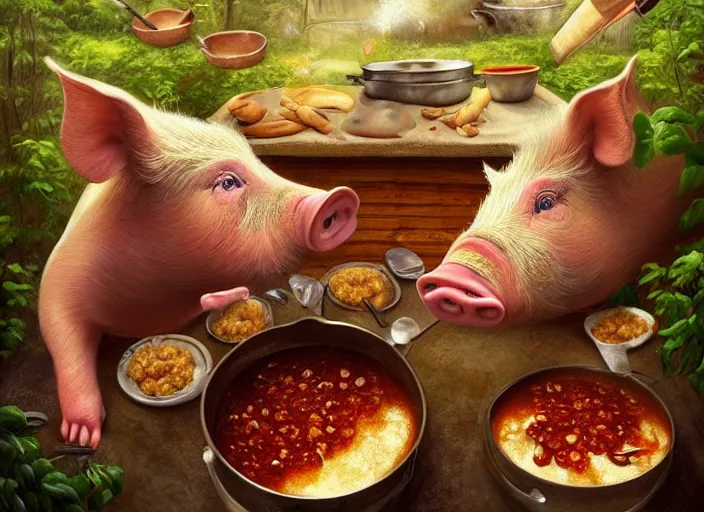 Prompt: pigs that are chefs cooking chili in a primitive kitchen, view from above, mysterious jungle painting, elegant intricate digital painting artstation concept art by mark brooks and brad kunkle detailed