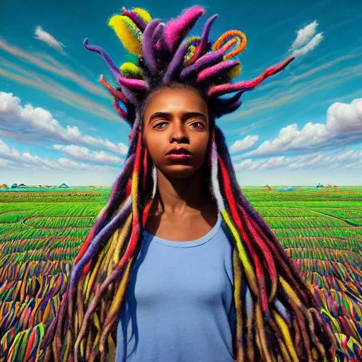 Image similar to a wide angle shot of a black girl with colorful dreadlocks in a field of candy, by Adi granov and afarin sajedi and amanda sage and evgeni gordiets and Agostino Arrivabene and adonna khare in a psychedelic portrait style, ultrarealistic matte painting, volumetric lighting, fractal, extremely symmetrical, highly detailed face, orisha, 8k, hd