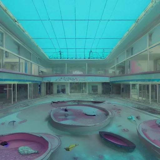 Prompt: abandoned shopping mall underwater, pastel colors in the style of wes anderson, insanely mystical, hyper realistic, extremely detailed, concept art, trending on artstatoon, atmospheric, 8k, octane render, unreal engine