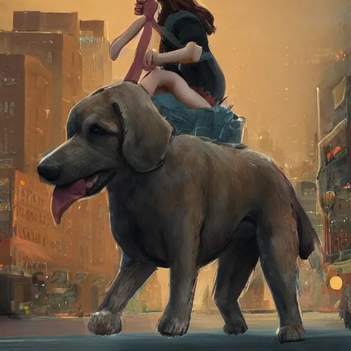 Prompt: girl riding a giant dog in the city, trending on artstation