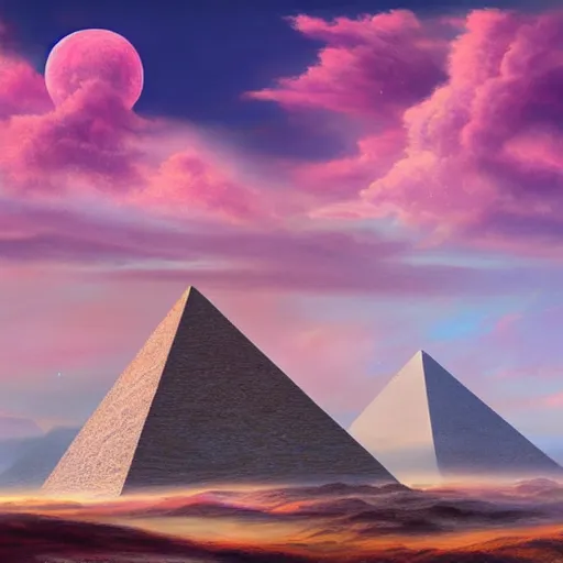 Prompt: a detailed fantasy landscape of dreamy pyramids over the pink clouds by lauri blank, artgerm, evelyn de morgan, 8K, 50mm lens