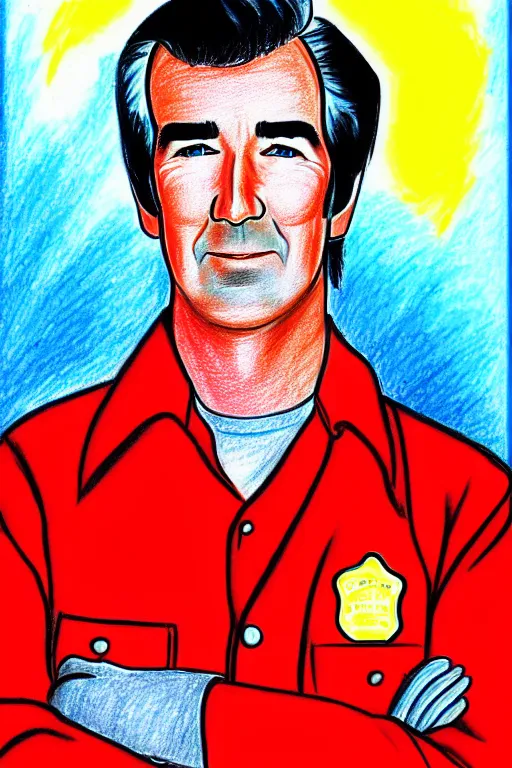 Image similar to a drawing of randy mantooth clean shaven, as a fire fighter by a child, bright colours, detailed