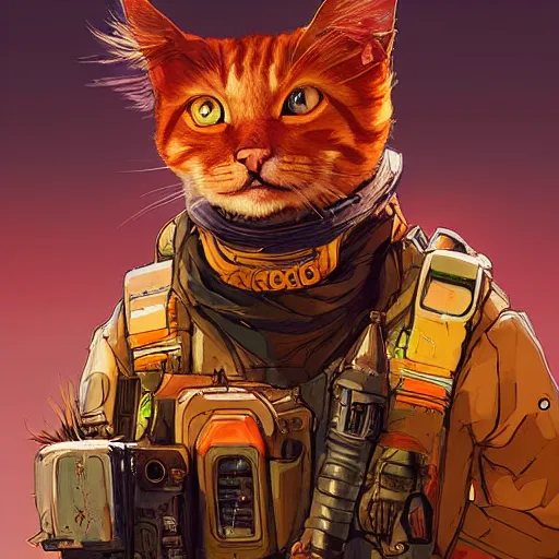 Image similar to ginger cat as apex legends character, digital illustration portrait design, by android jones and greg rutkowski, retrowave color scheme, detailed, cinematic lighting, wide angle action dynamic portrait