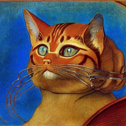 Prompt: masterpiece painting of a mechanical cloisonne cat head, by annie swynnerton and diego rivera and nicholas roerich and jean delville and janet fish, symbolist, dramatic lighting, god rays, art brut, rich colors, smooth, sharp focus, extremely detailed, adolf wolfli and ( donato giancola and bilibin )