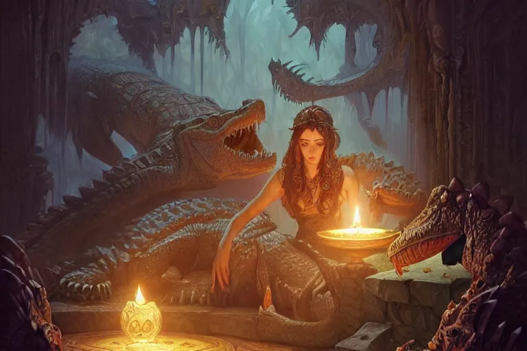 Image similar to crocodile lair priestess ceremony, deep focus, d & d, fantasy, intricate, elegant, highly detailed, digital painting, artstation, concept art, matte, sharp focus, illustration, hearthstone, art by artgerm and greg rutkowski and alphonse mucha