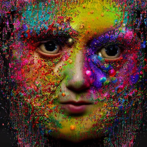 Prompt: multicolored bubbles arranged in the shape of a face, 4k, extreme detail, colorful, creepy surrealism, unsettling, Affinity Photo, PhotoDirector 365, trending on Artstation, award-winning, art by Chiharu Shiota