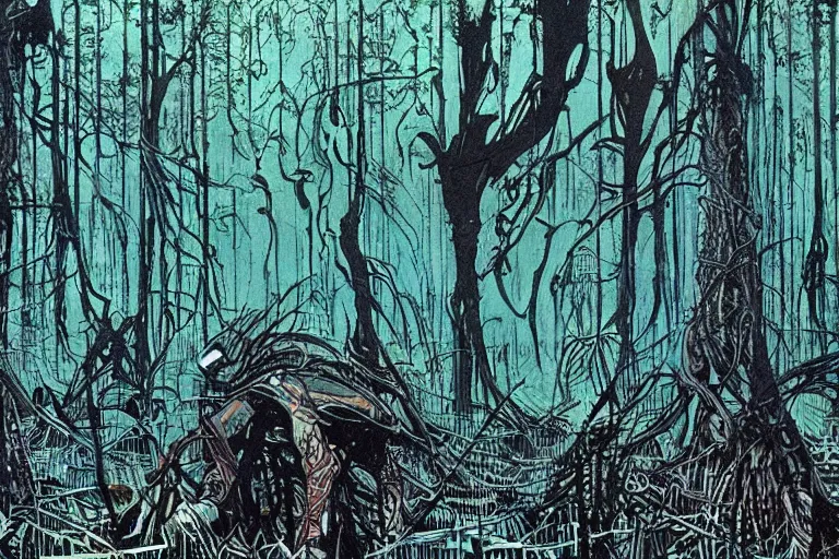 Image similar to scene from louisiana swamps, true detective, artwork by philippe druillet