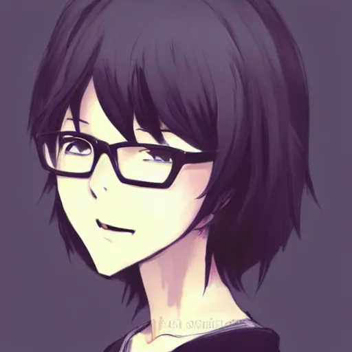 Prompt: full upper-body portrait of a cute anime girl with short black hair and glasses, attractive character, colored sketch anime manga panel, trending on Pixiv