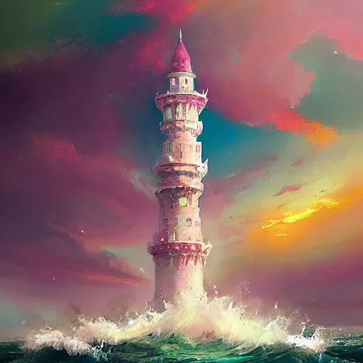 Image similar to a delicate ornate white fantasy tower with pink and green decoration splashes upwards from a turbulent ocean, dramatic lighting, rich colors, beautiful oil painting, artstation