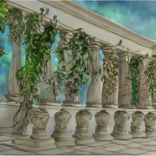 Prompt: delicate marble garden on paper floating puffy vines botanical herbarium botanic watercolors coastline iridescent 8 k wide angle realistic shaded fine details, artstation italian rainbow colonnade oak pinecone gardena architecture pompeii boundary wall