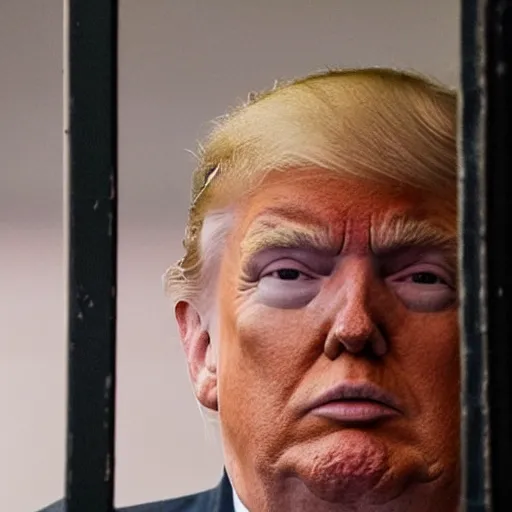 Image similar to a close up shot of donald j trump in prison, award winning photography, steel iron bars'