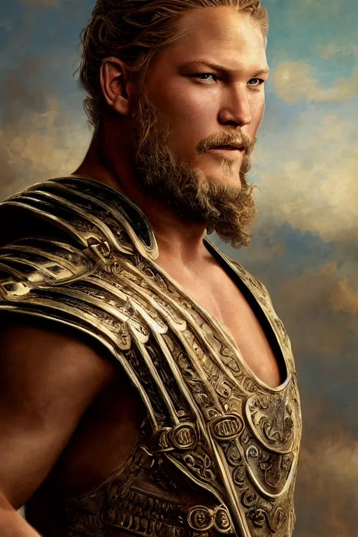 Image similar to Travis Fimmel as Gladiator in the movie Gladiator, oil on canvas, artstation, by J. C. Leyendecker and Edmund Blair Leighton and Charlie Bowater, octane render