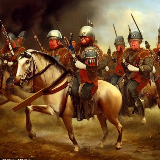 Image similar to found footage of general boris johnson leading his men into battle, glorified image, 8k, oil painting, boris johnson