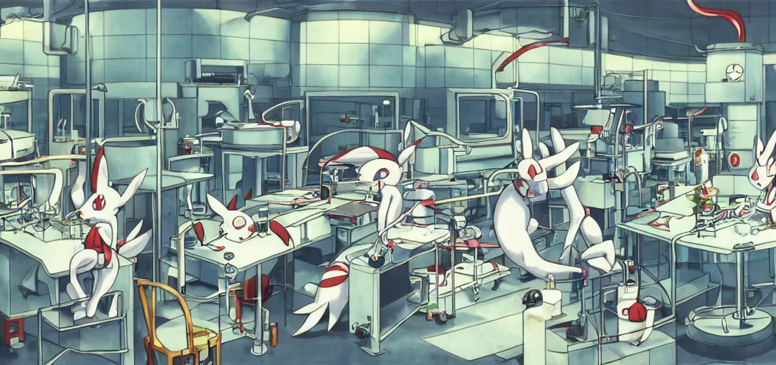 Image similar to A laboratory with a huge machine that clones Pokémon, Mewtwo growing in a tube in the center of the room, scientists are taking notes nearby, art by Hayao Miyazaki, art by Studio Ghibli, anime style