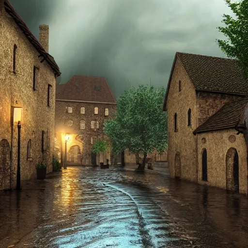 Image similar to raining and thundering in a medieval town, 4k, realistic, tranquil, calming,