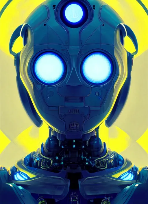 Image similar to symmetry!! portrait of a robot with big eyes, sci - fi, tech wear, blue and yellow glowing lights!! intricate, elegant, highly detailed, digital painting, artstation, concept art, smooth, sharp focus, illustration, art by artgerm and greg rutkowski and alphonse mucha