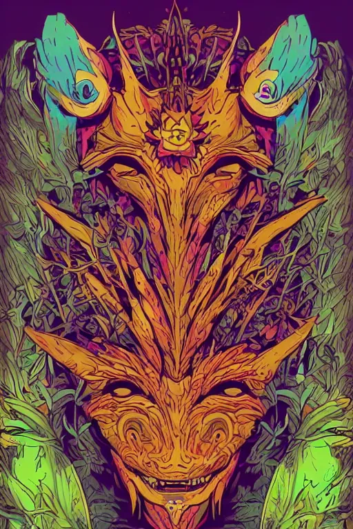 Image similar to animal mask totem roots flower tribal feather gemstone plant wood rock shaman vodoo video game vector cutout illustration vivid multicolor borderlands comics by josan gonzales and dan mumford radiating a glowing aura