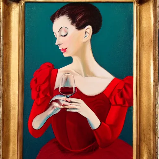 Image similar to painting of a ballerina holding wine in a teal room over a red background