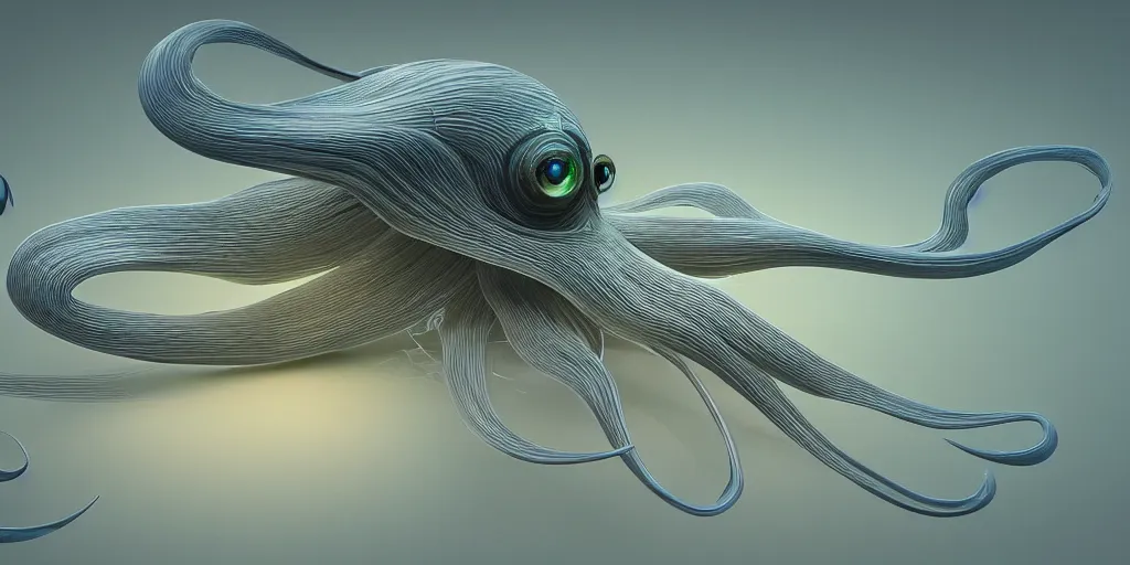 Image similar to squid, stylized layered shapes, long flowing fins, bioluminescent orbs, diffuse lighting, glowing eye, intricate, elegant, highly detailed, lifelike, photorealistic, 3 d render, artstation, smooth, sharp focus,