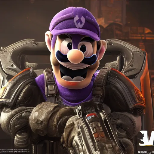 Image similar to Waluigi in Gears of War, 3d render, Unreal Engine, octane render, ray tracing, Unity, highly detailed, high quality, HD, 4k, 8k, realistic, sharp, trending
