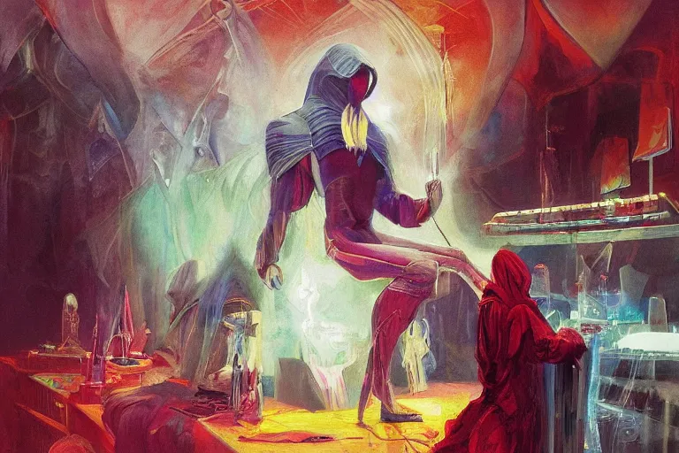 Image similar to A beautiful masterpiece painting of a technomancer wizard in robes with pointed hood discussing sentience with his synthesized Al djinn in his laboratory near a computer (by Remedios Varo and Anato Finnstark and Greg Rutkowski), (dayglo pink, dayglo blue, dazzle camouflage), 8k, trending on ArtStation