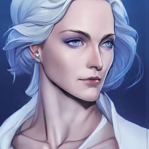 Prompt: portrait of emma frost, a beautiful woman in her 3 0 s with white blonde hair and blue eyes dressed in a fashionable white suit, detailed face, delicate features, smooth, sharp focus, graphic novel, art by artgerm and greg rutkowski and pepe larraz,