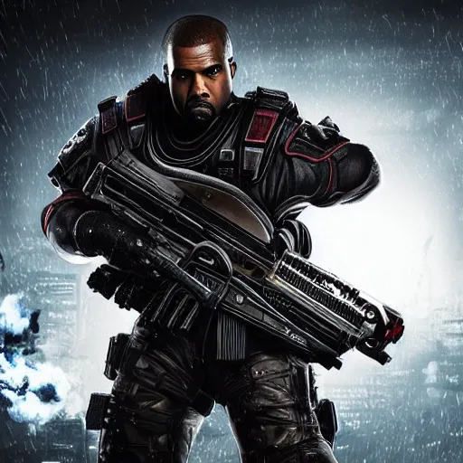 Image similar to kanye west as a ghostbuster in gears of war battlefield 5, splash art, movie still, cinematic lighting, dramatic, octane render, long lens, shallow depth of field, bokeh, anamorphic lens flare, 8 k, hyper detailed, 3 5 mm film grain